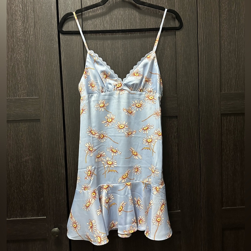 UO Floral Print Satin Slip Ruffle Hem Dress